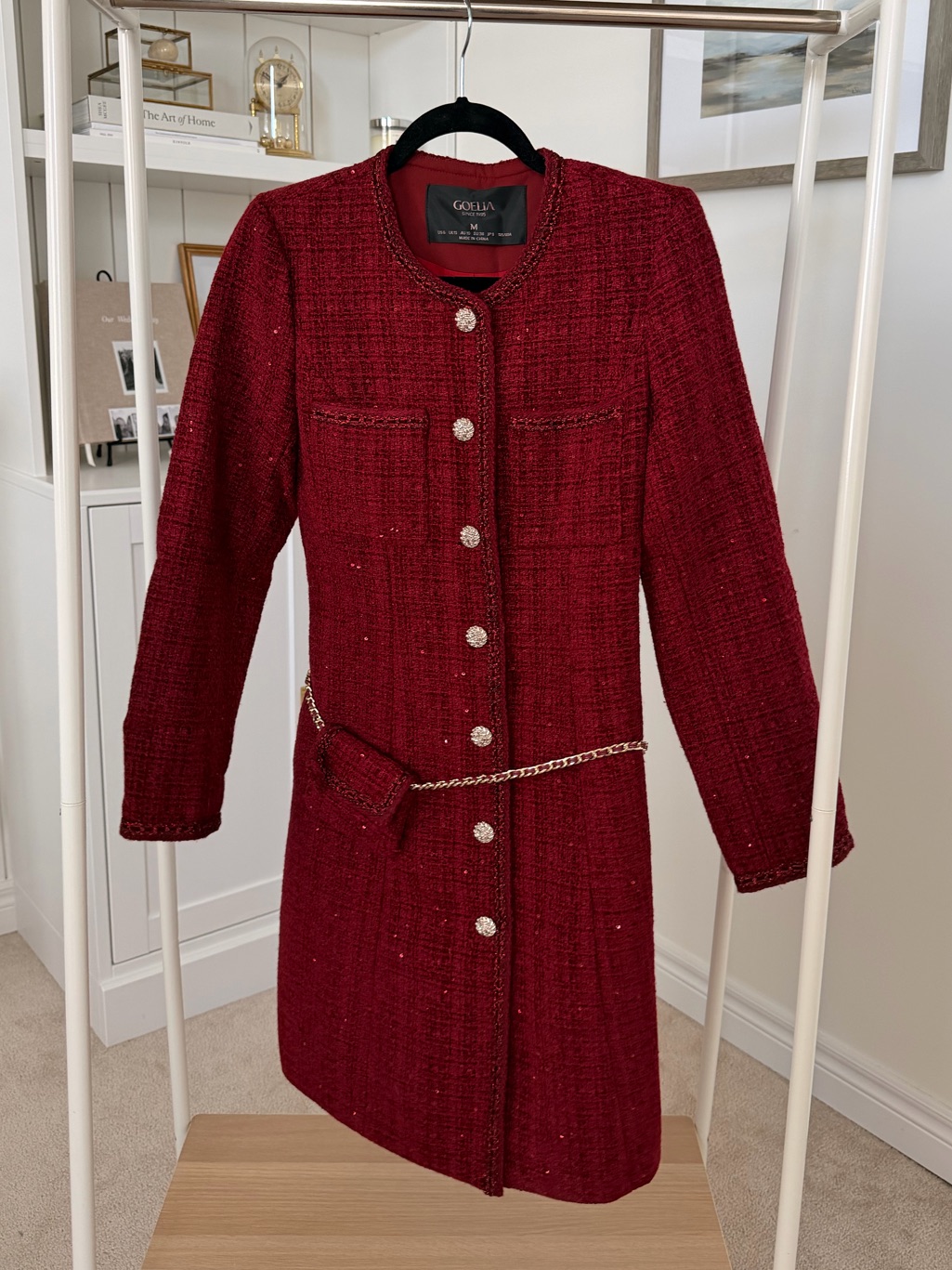 Goldsign Red Tweed Jacket With Gold Chain Trim